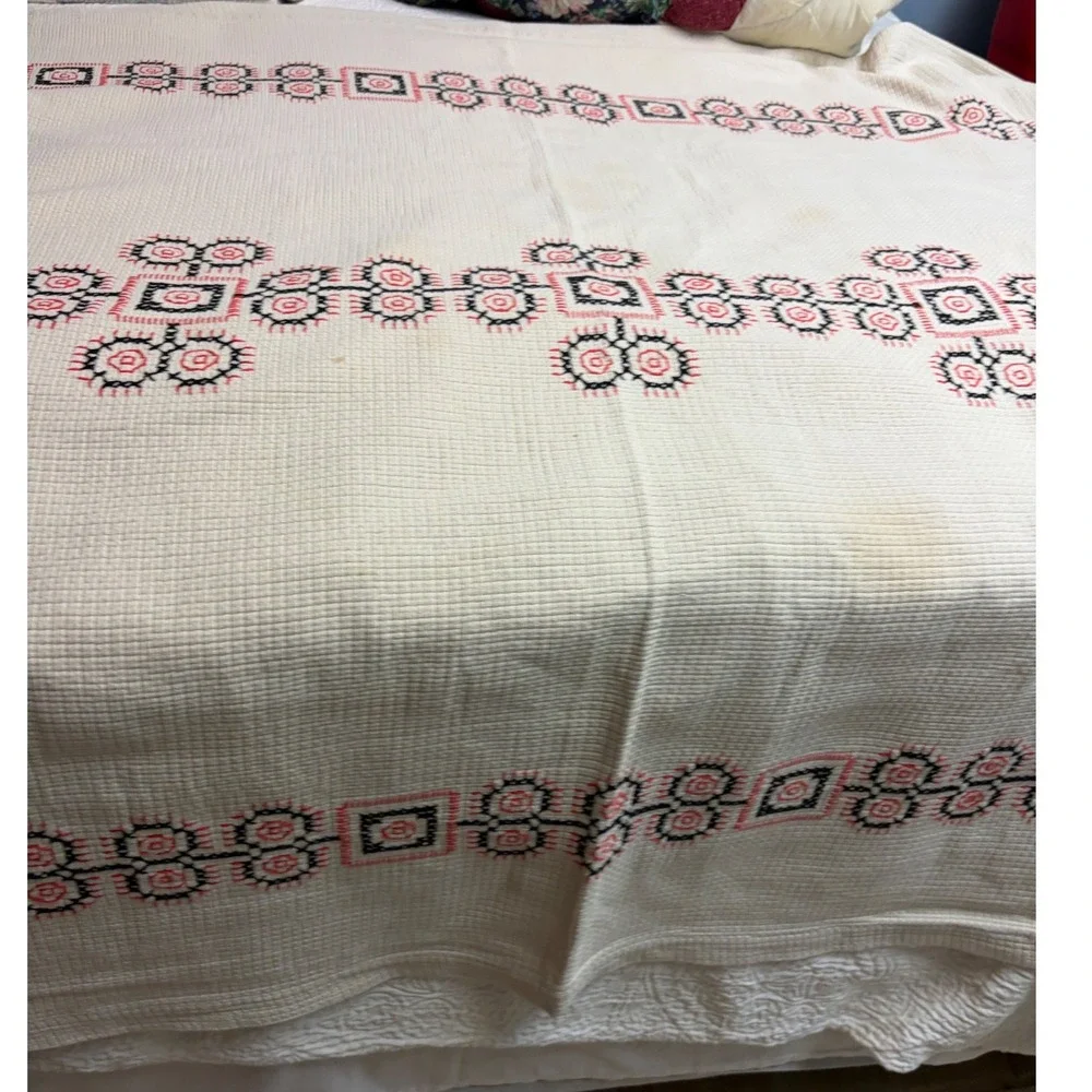 Vintage Hand Embroidered Folk Art Tablecloth Red Black Geometric 68 x 50